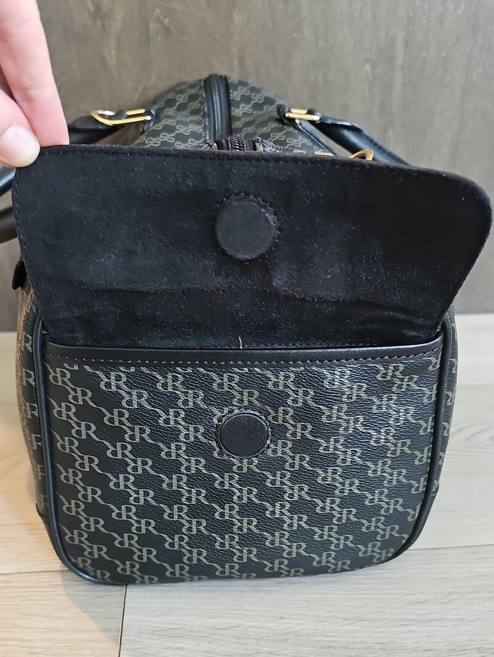 Rioni Monogram Barrel Satchel Handbag Black Brown Gold Top Handle Bag - Picture 8 of 14